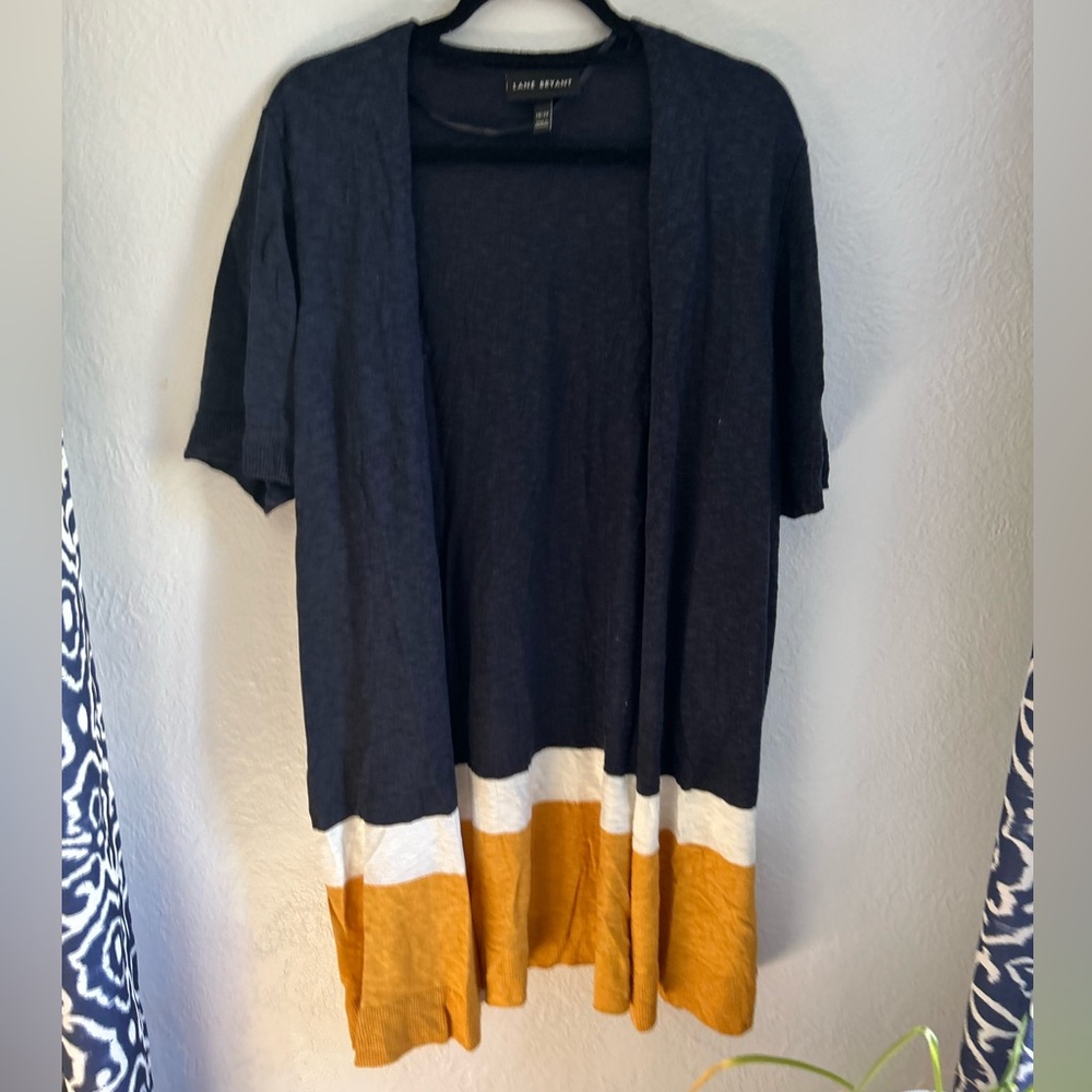 Blue, White, Gold short sleeve open front sweater